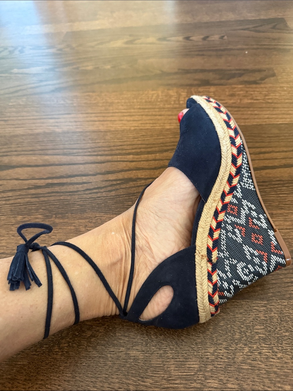 CAbi Navy Suede Espadrille Wedge with Patterned Platform